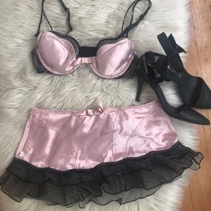 Flirty pink satin bra and skirt set
